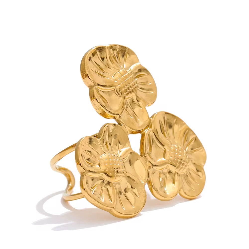 Triple Flower Ring – Anti-Tarnish, Golden, Adjustable Fit
