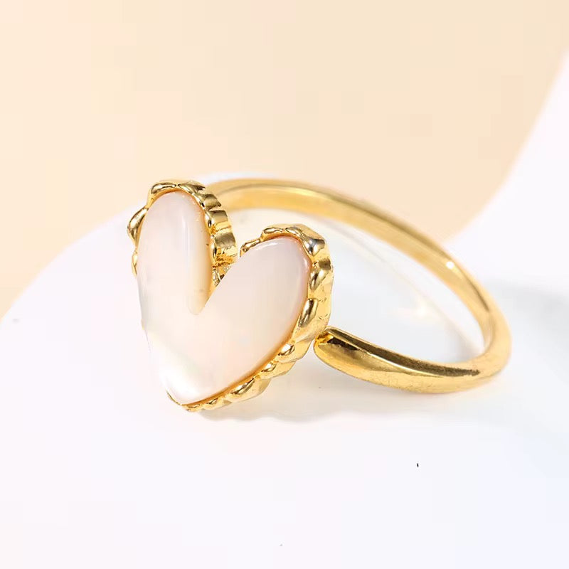 Sandy Heart White Ring – Anti-Tarnish, Golden, Adjustable Fit