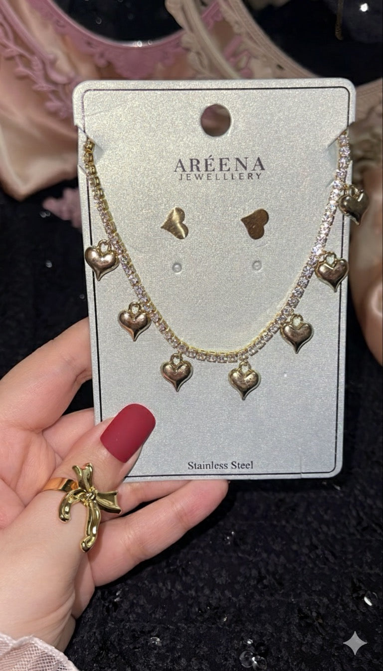Serene Love Rhinestones Heart Necklace & Earrings Set