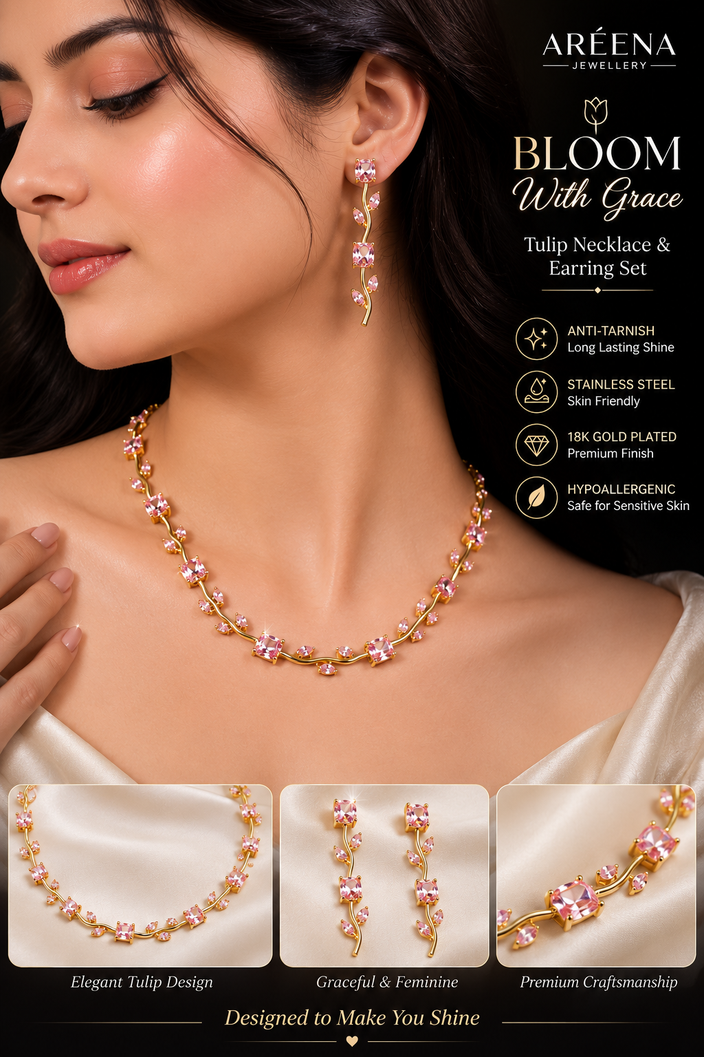 Tulip Necklace With Earrings - Baby Pink
