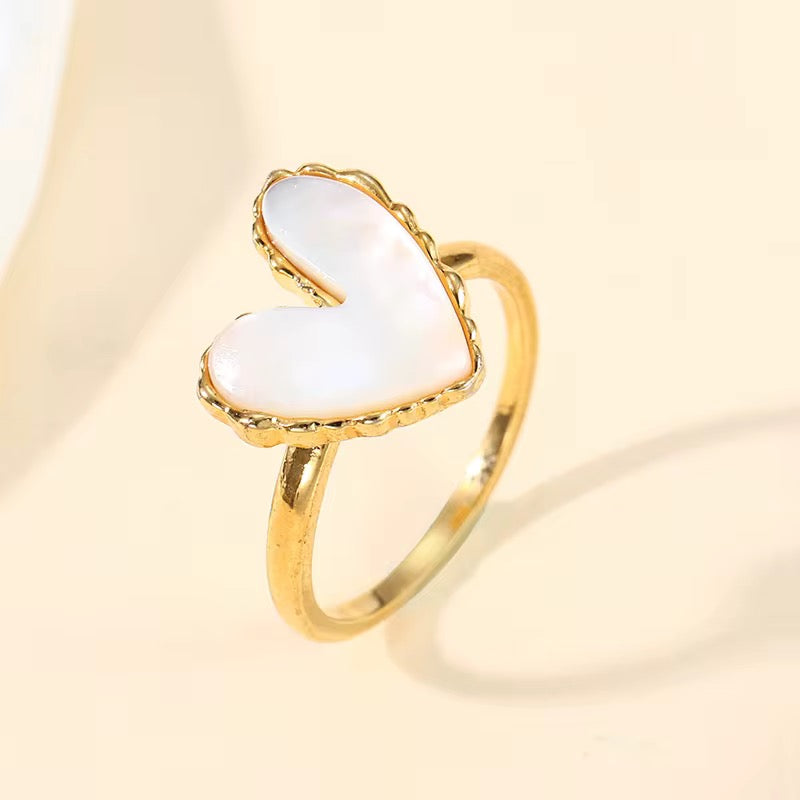 Sandy Heart White Ring – Anti-Tarnish, Golden, Adjustable Fit
