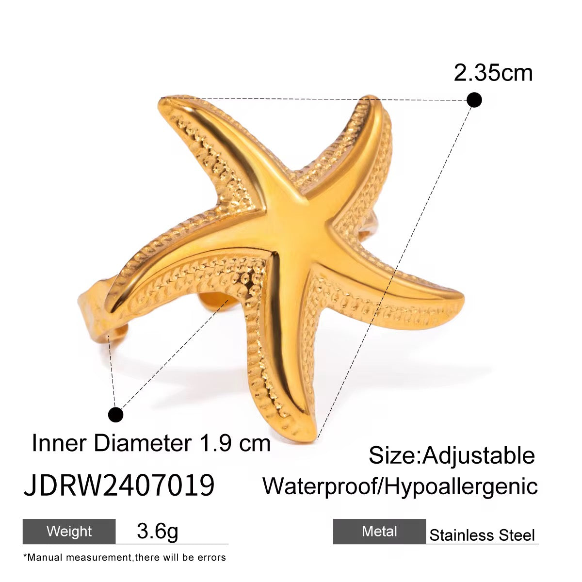 Starfish Ring – Anti-Tarnish, Golden, Adjustable Fit