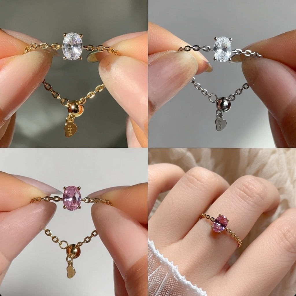 Trio of Zircon Adjustable Chain Rings Set – Pink, Golden & Silver (Anti-Tarnish Copper)