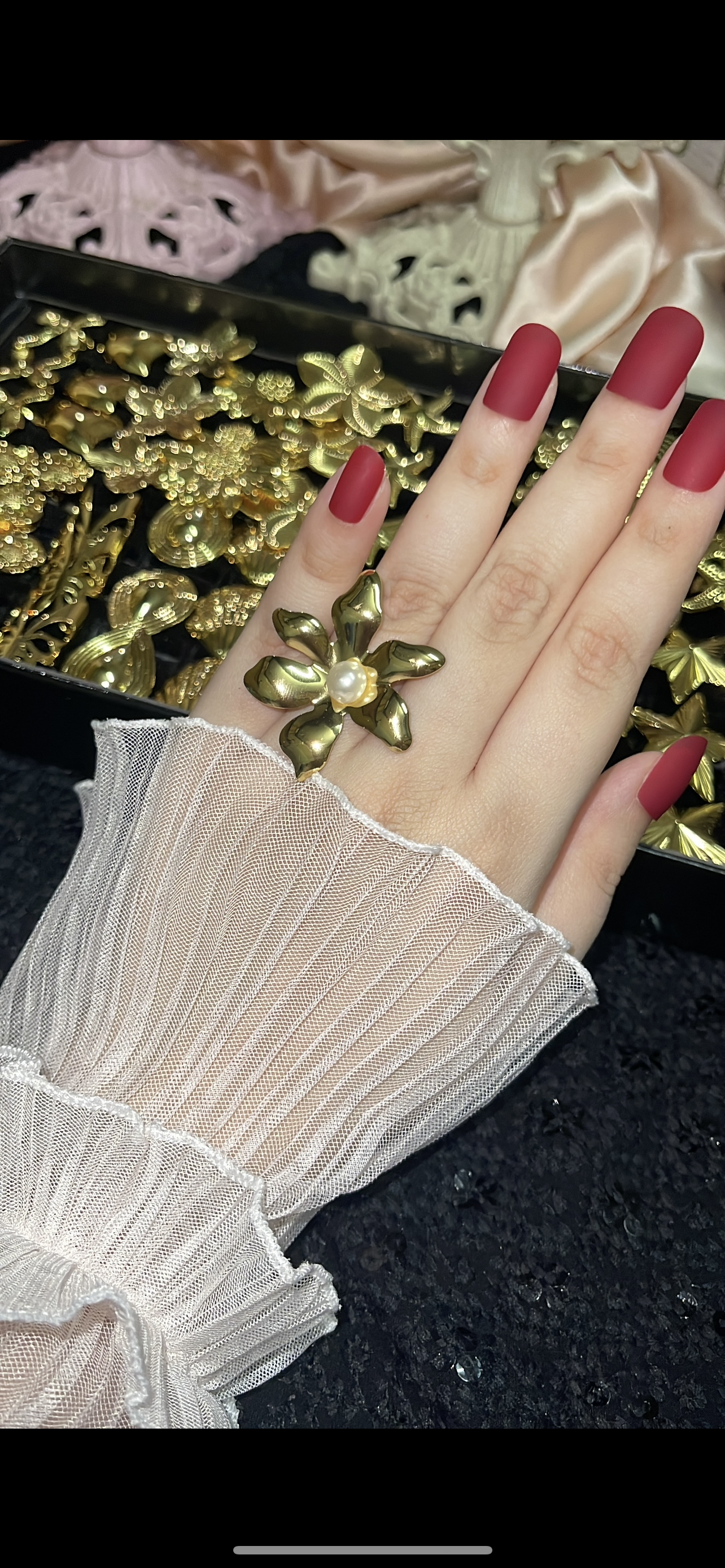 Petal Pearl Ring – Anti-Tarnish, Golden, Adjustable Fit