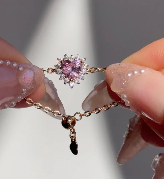 Pink Rosalía Adjustable Heart Chain Ring - Golden Chain