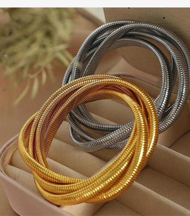 Flexible Golden Triple-Layer Coiled Bracelet - Non-Tarnish & High Quality