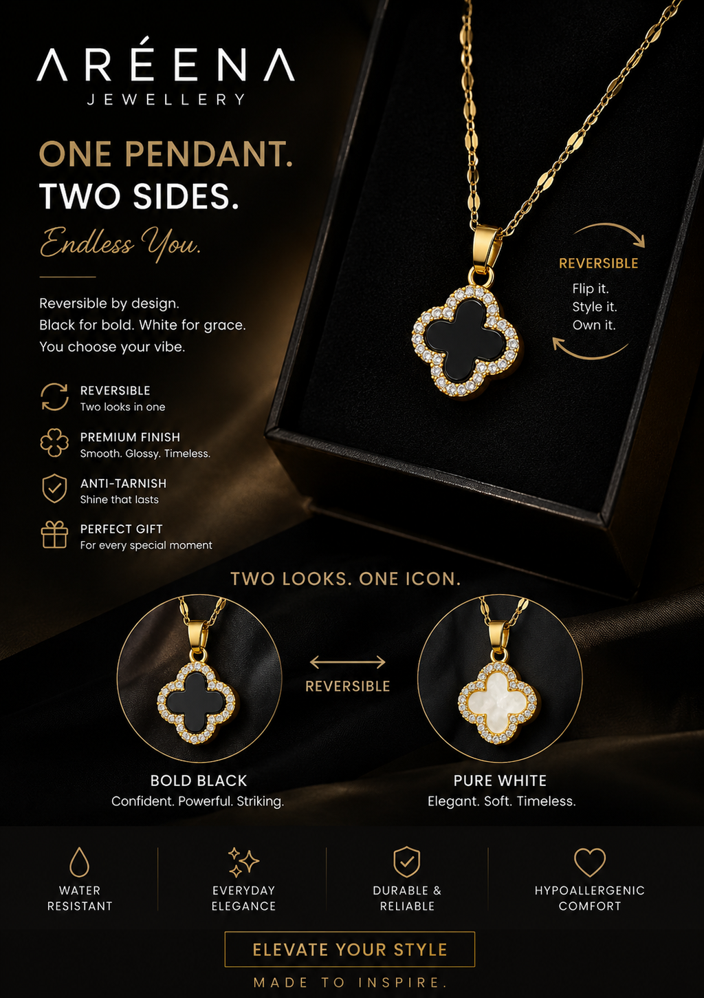AREENA Two-Tone Reversible Clover Pendant