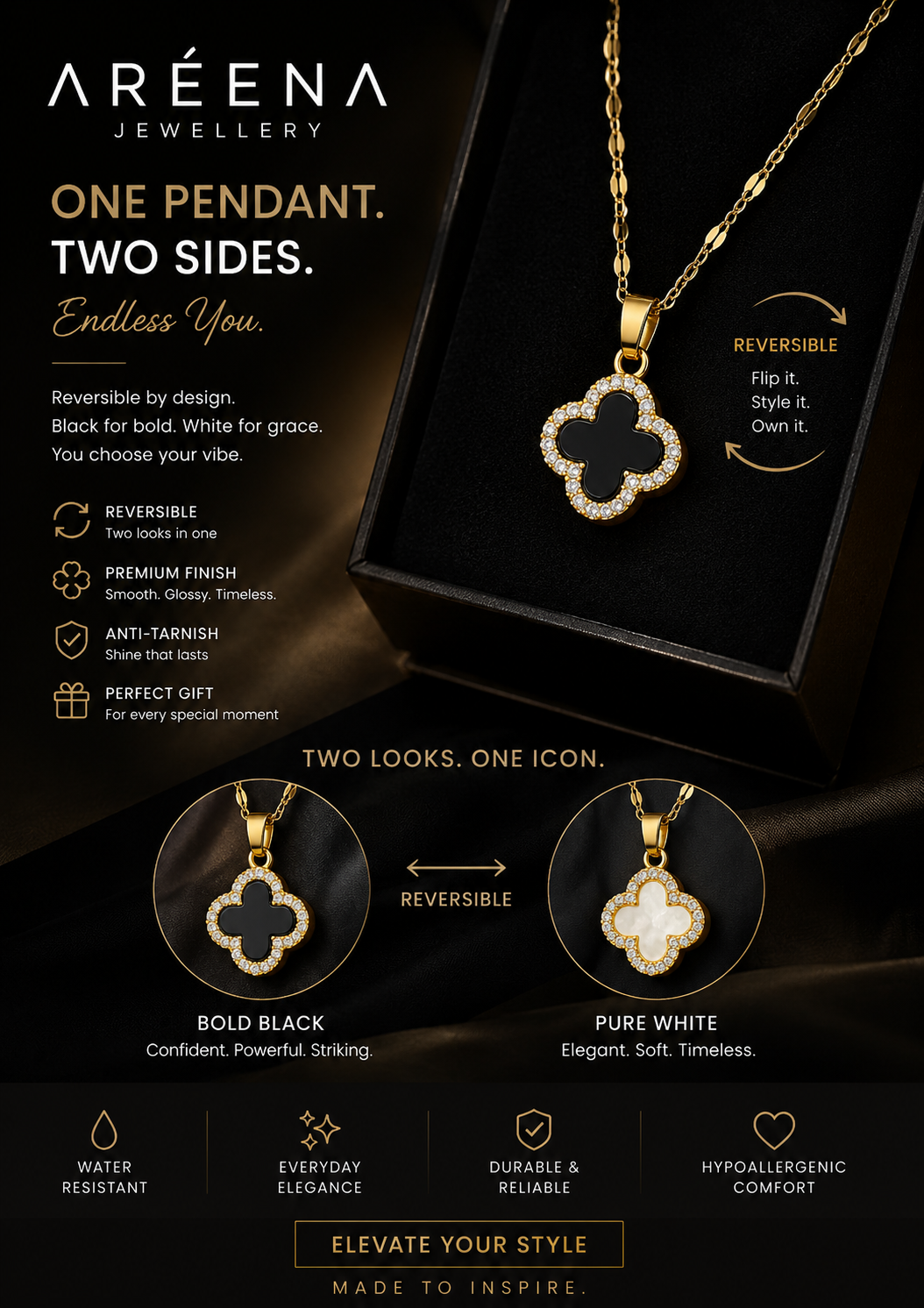 AREENA Two-Tone Reversible Clover Pendant