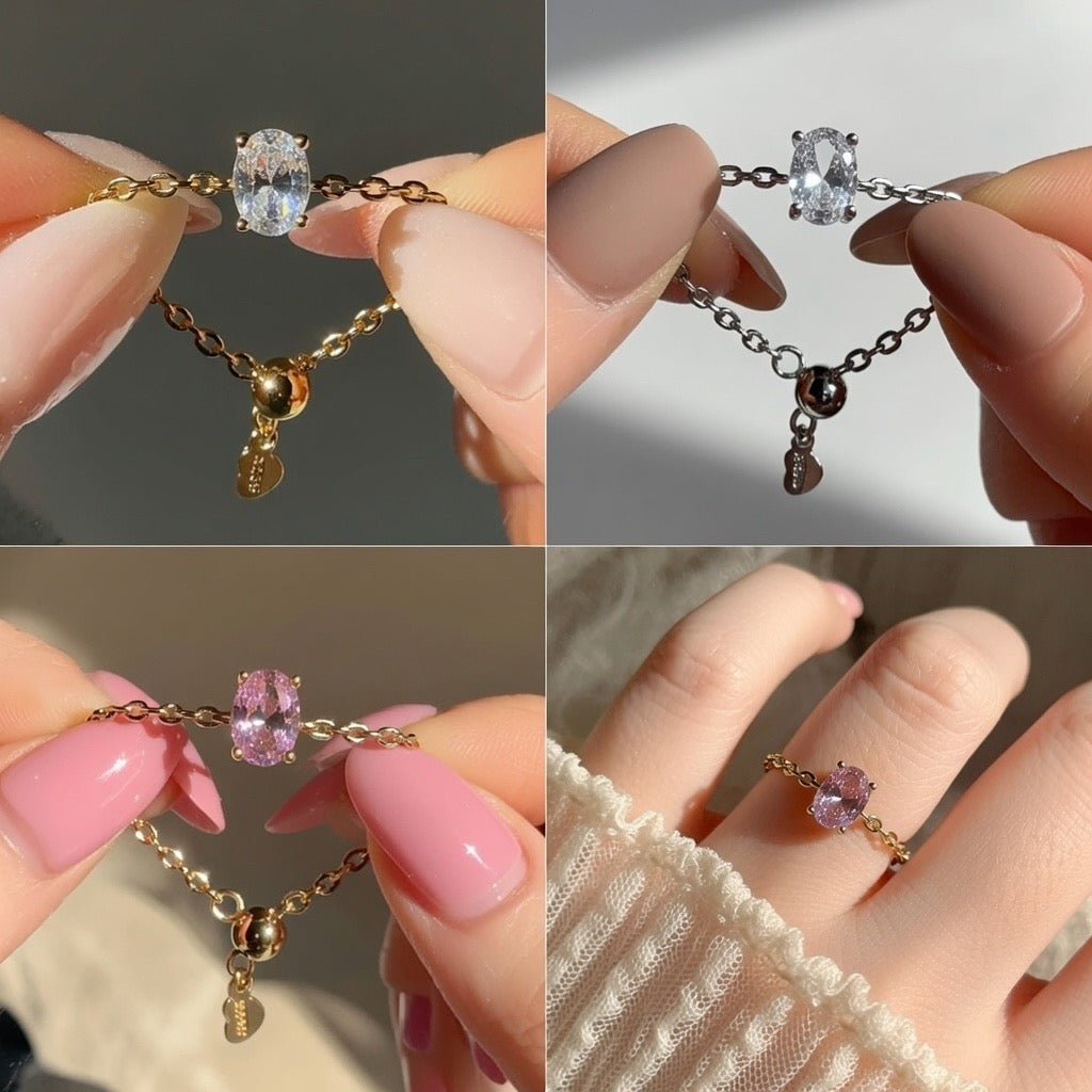 Trio of Zircon Adjustable Chain Rings Set – Pink, Golden & Silver (Anti-Tarnish Copper)