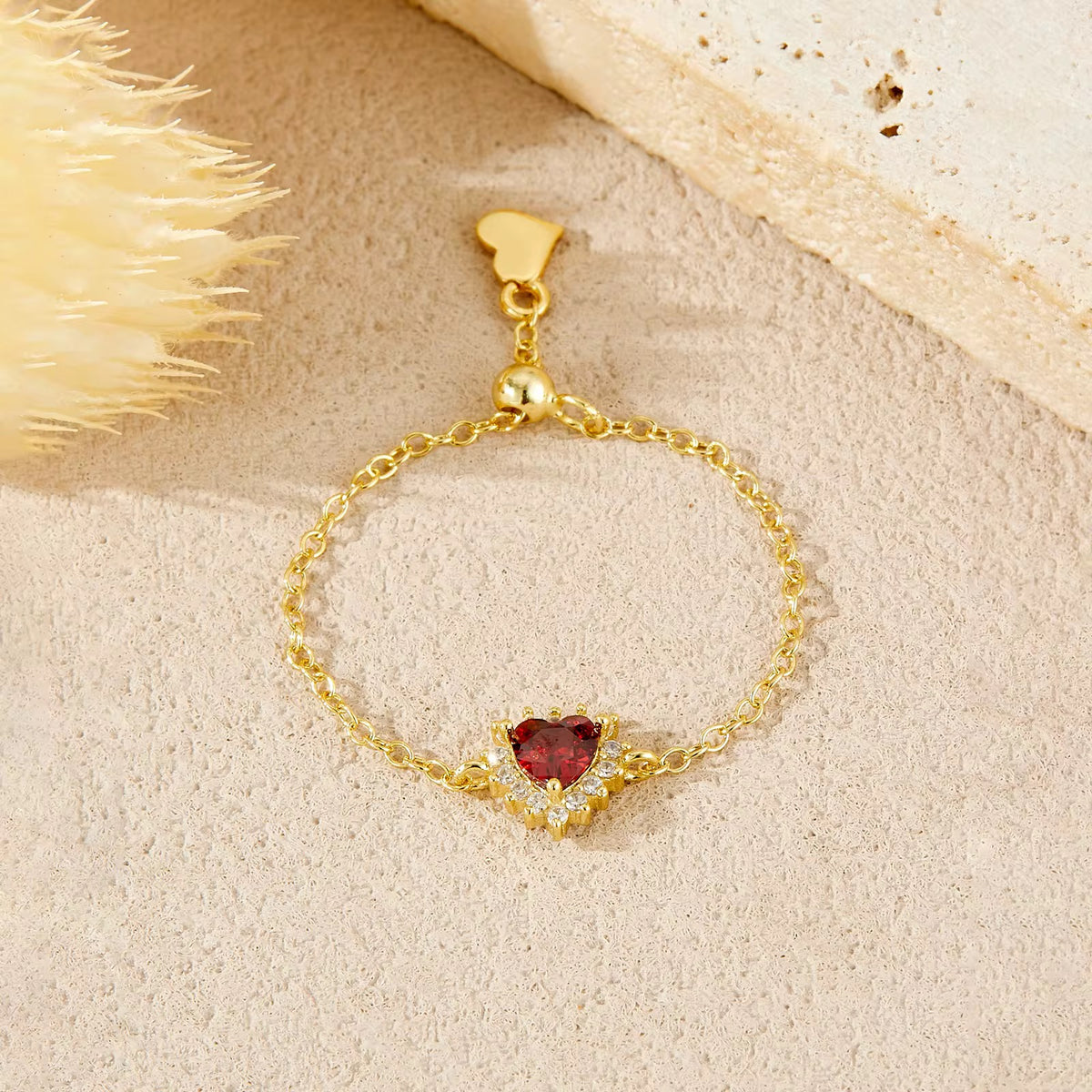 Red Sovereign Adjustable Heart Shaped Chain Ring - Golden Chain