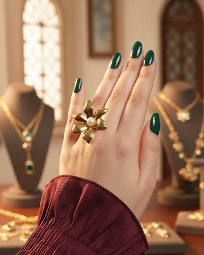 Petal Pearl Ring – Anti-Tarnish, Golden, Adjustable Fit