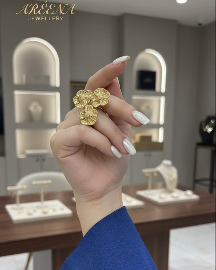 Triple Flower Ring – Anti-Tarnish, Golden, Adjustable Fit