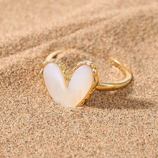 Sandy Heart White Ring – Anti-Tarnish, Golden, Adjustable Fit