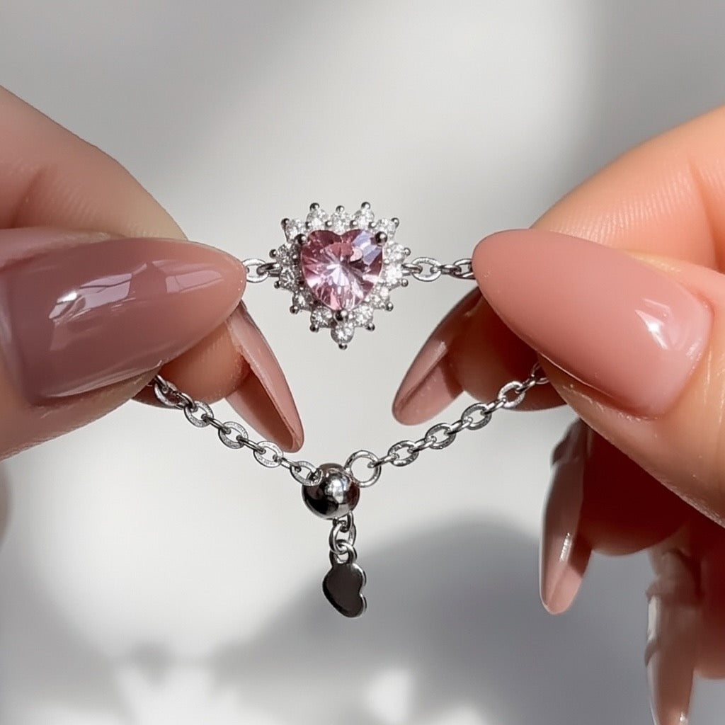 Pink Rosalía Adjustable Heart Chain Ring - Silver Chain