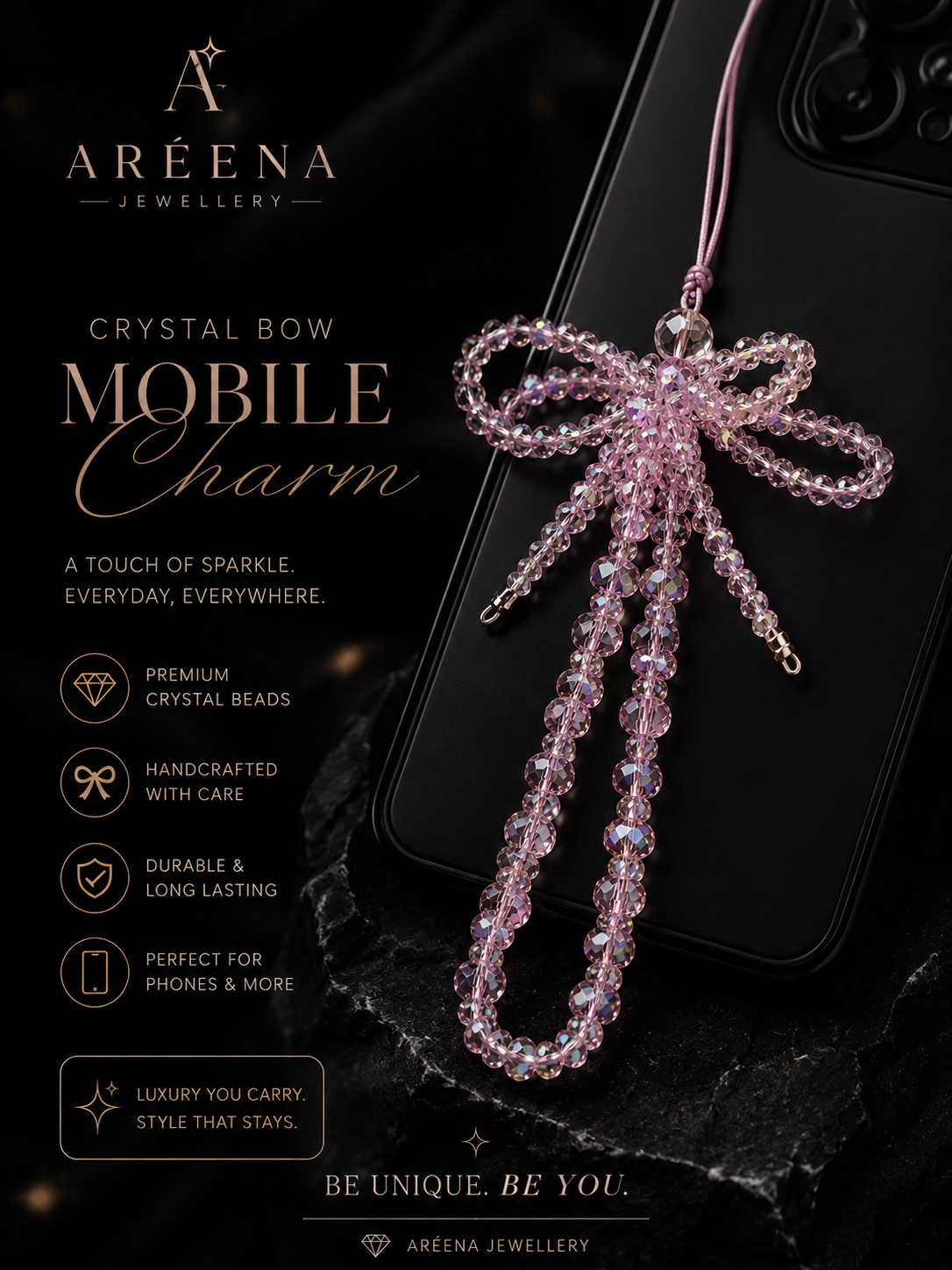 AREENA Crystal Bow Mobile Charm – Blush Pink