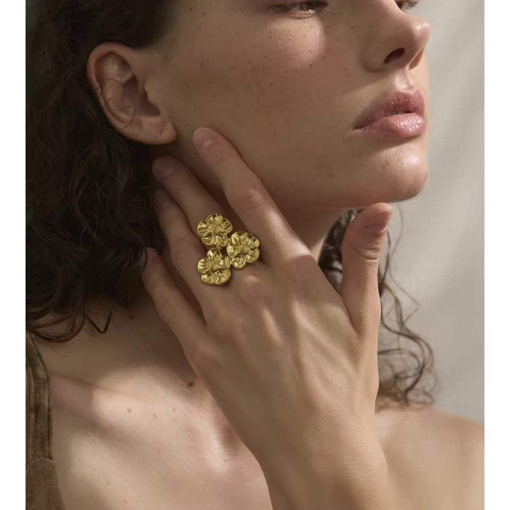 Triple Flower Ring – Anti-Tarnish, Golden, Adjustable Fit