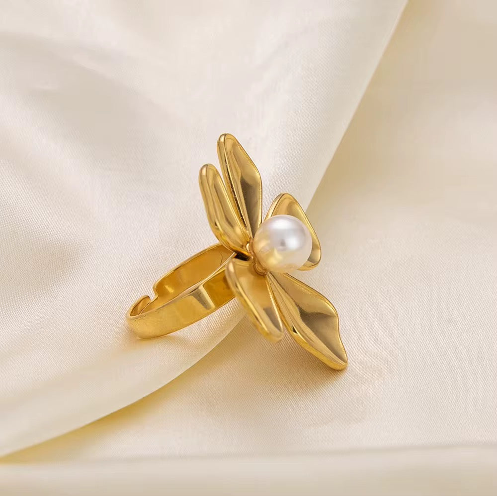 Petal Pearl Ring – Anti-Tarnish, Golden, Adjustable Fit
