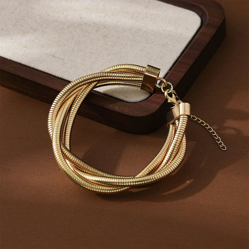 18K Gold Plated Stainless Steel Three Layer Cross Twisted Linked Bracelet