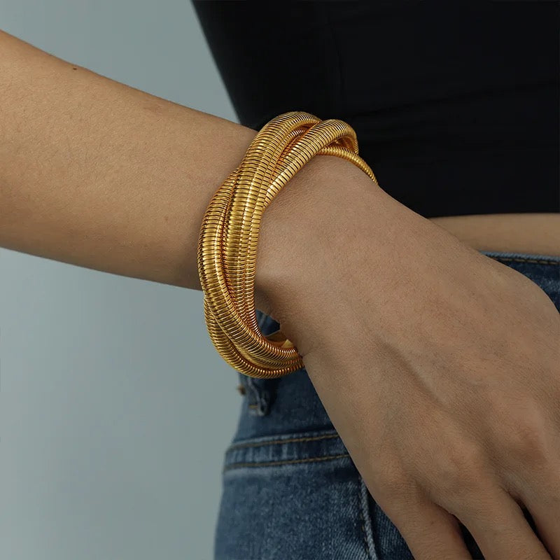 Flexible Golden Triple-Layer Coiled Bracelet - Non-Tarnish & High Quality