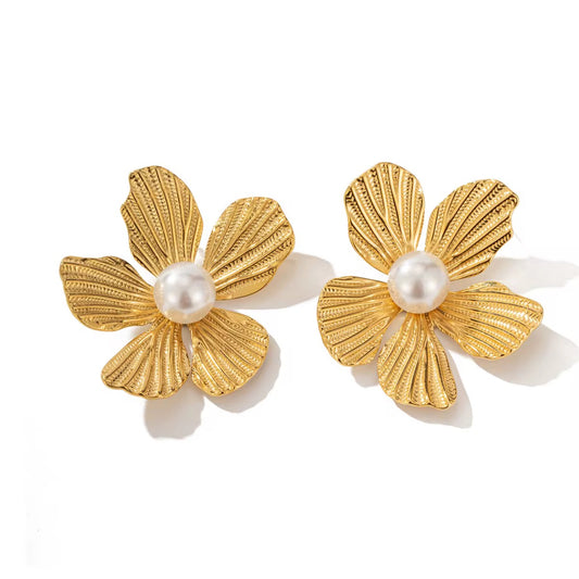 Natural Golden Color Flower Pearl Earrings