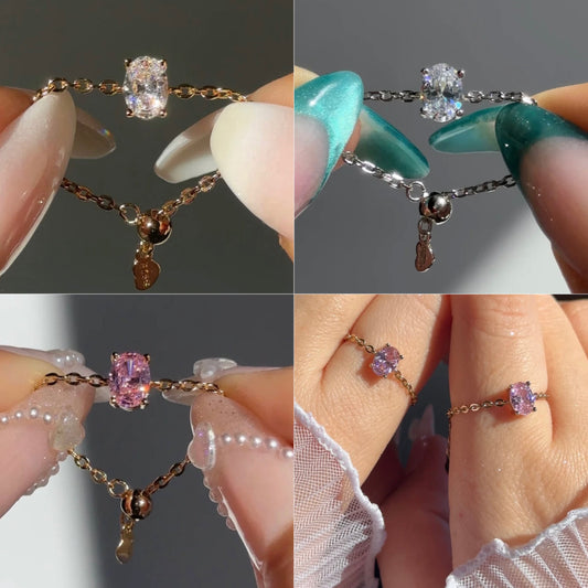 Trio of Zircon Adjustable Chain Rings Set – Pink, Golden & Silver (Anti-Tarnish Copper)