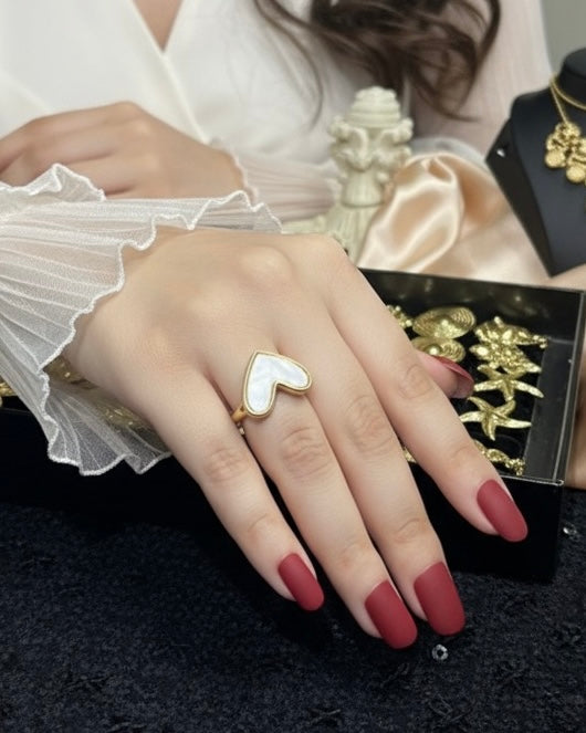 Sandy Heart White Ring – Anti-Tarnish, Golden, Adjustable Fit