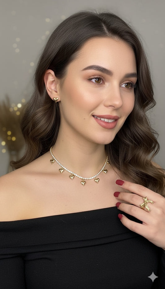 Serene Love Rhinestones Heart Necklace & Earrings Set