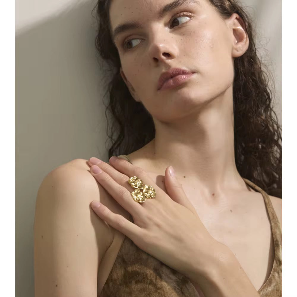 Triple Flower Ring – Anti-Tarnish, Golden, Adjustable Fit