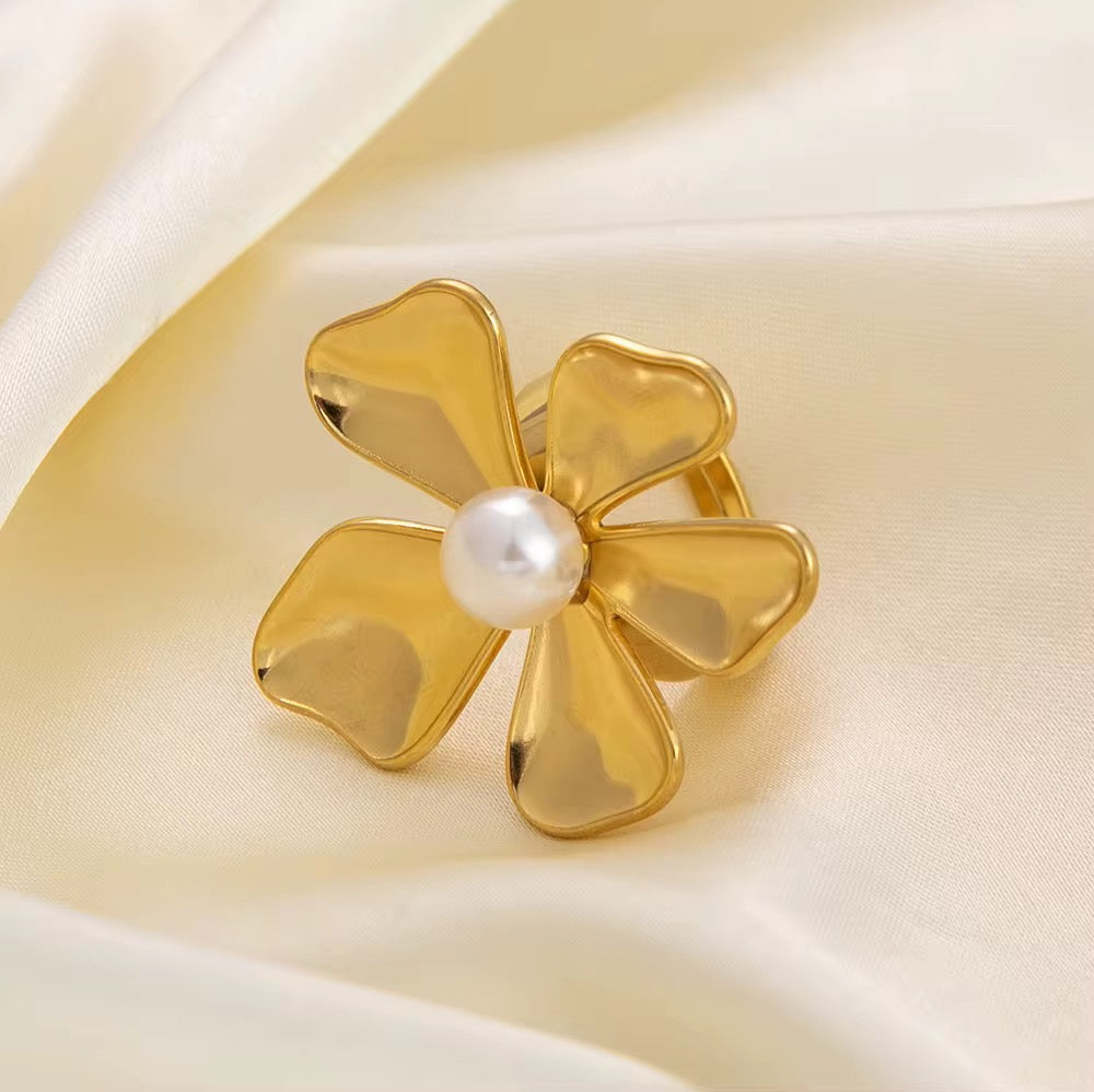 Petal Pearl Ring – Anti-Tarnish, Golden, Adjustable Fit