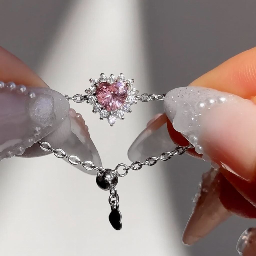 Pink Rosalía Adjustable Heart Chain Ring - Silver Chain