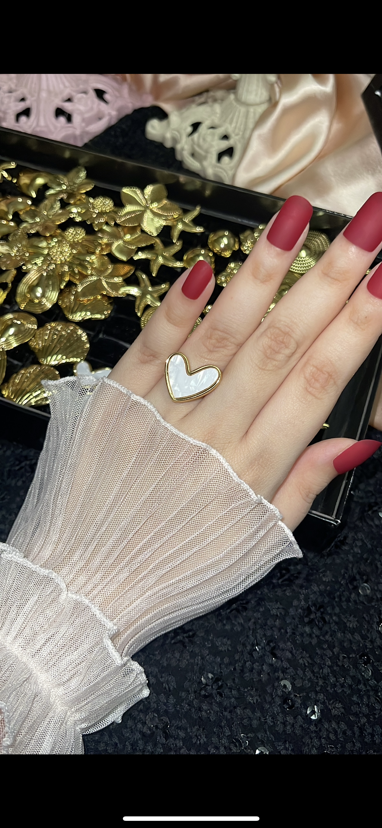 Sandy Heart White Ring – Anti-Tarnish, Golden, Adjustable Fit