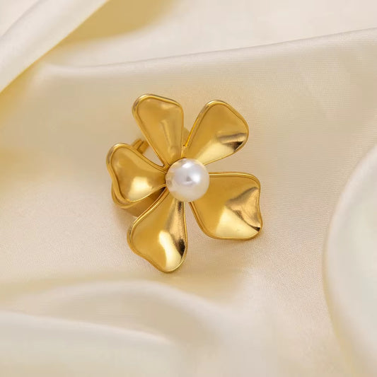 Petal Pearl Ring – Anti-Tarnish, Golden, Adjustable Fit