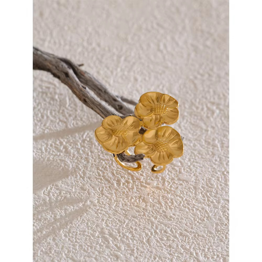 Triple Flower Ring – Anti-Tarnish, Golden, Adjustable Fit