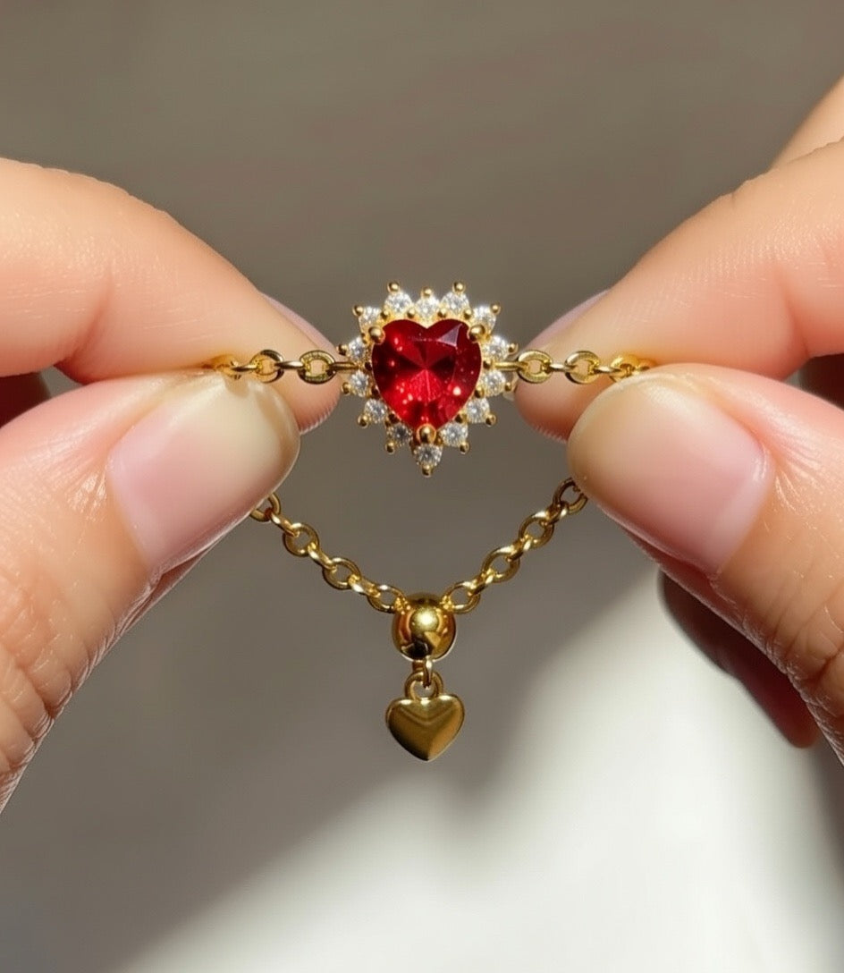 Red Sovereign Adjustable Heart Shaped Chain Ring - Golden Chain