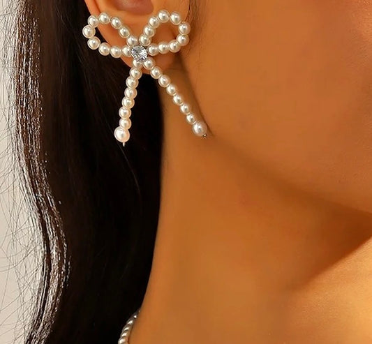 Retro Inspired White Beaded Bow Earrings