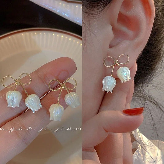 Korean Bow Flower White Stud Earrings For Women and Girls