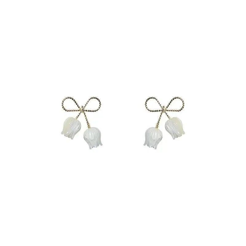 Korean Bow Flower White Stud Earrings For Women and Girls