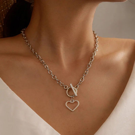 Heart Pendant Choker Necklace Silver