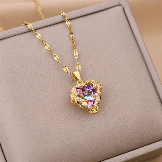 Heart Diamond stone Gold Pendant Necklaces Anti Tarnish Chain