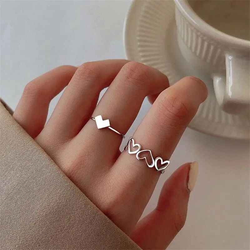 Bella Silver Plated Light Weight Heart Decor Rings Set For Women & Girls